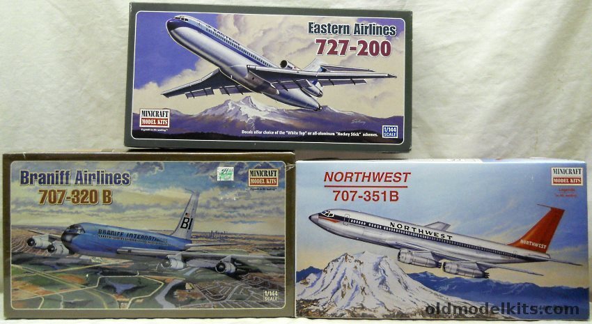 Minicraft 1/144 14516 Boeing 727-200 Eastern Airlines Hockey Stick / 14484 707-351B Northwest / 14502 707-320B Braniff Airlines plastic model kit